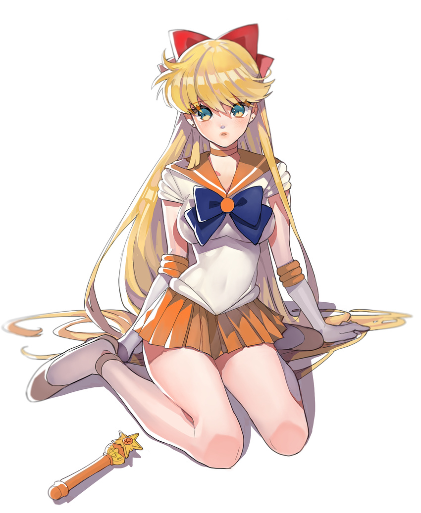 aino_minako arutera bad_id bad_pixiv_id banned_artist bishoujo_senshi_sailor_moon blonde_hair blue_eyes bow choker earrings elbow_gloves gloves hair_bow half_updo highres jewelry long_hair looking_at_viewer magical_girl orange_choker orange_sailor_collar orange_skirt parted_lips red_bow sailor_collar sailor_senshi_uniform sailor_venus school_uniform serafuku simple_background sitting skirt solo star_power_stick strappy_heels tiara venus_symbol wariza white_background white_gloves