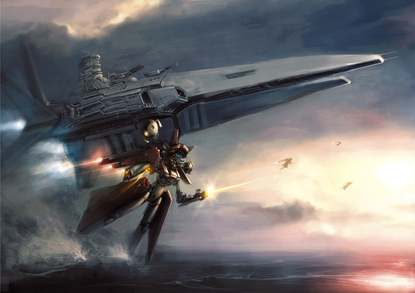 arm_cannon battleship cannon cloud cloudy_sky commentary firing fleet glowing glowing_eyes glowing_weapon gohei hakurei_reimu highres jetpack mechanization military military_vehicle no_humans ocean orb shadowing ship sky sunset touhou warship watercraft weapon yin_yang