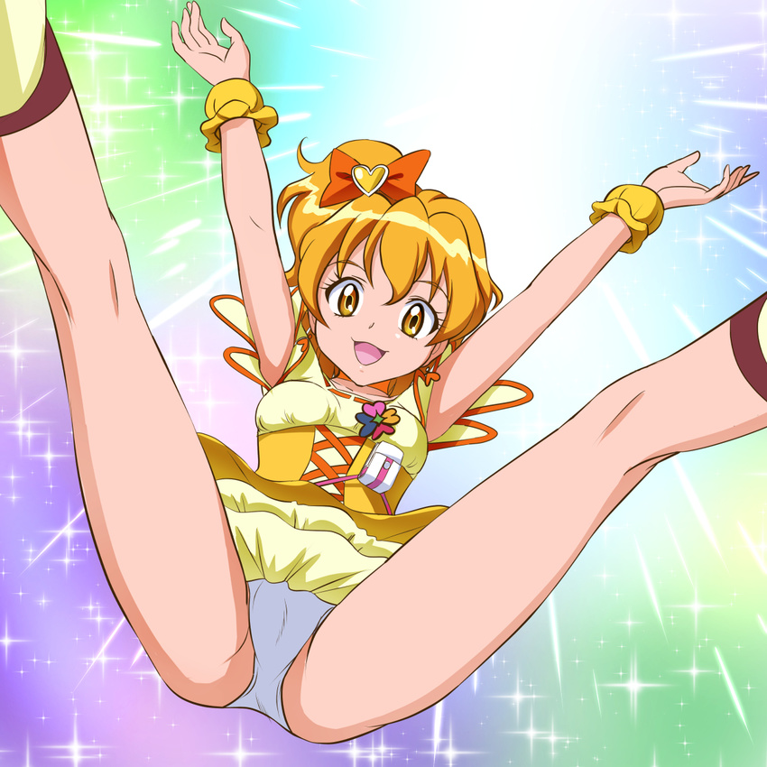 arms_up bad_id bad_pixiv_id bow brown_eyes brown_hair choker cure_pine earrings fresh_precure! frills from_below hair_bow hair_ornament heart heart_hair_ornament highres jewelry jumping kneepits legs magical_girl mont_blanc_(heartcatch_ayaya) multicolored multicolored_background orange_choker panties pantyshot precure short_hair side_ponytail skirt smile solo sparkle spread_legs underwear white_panties wrist_cuffs yamabuki_inori