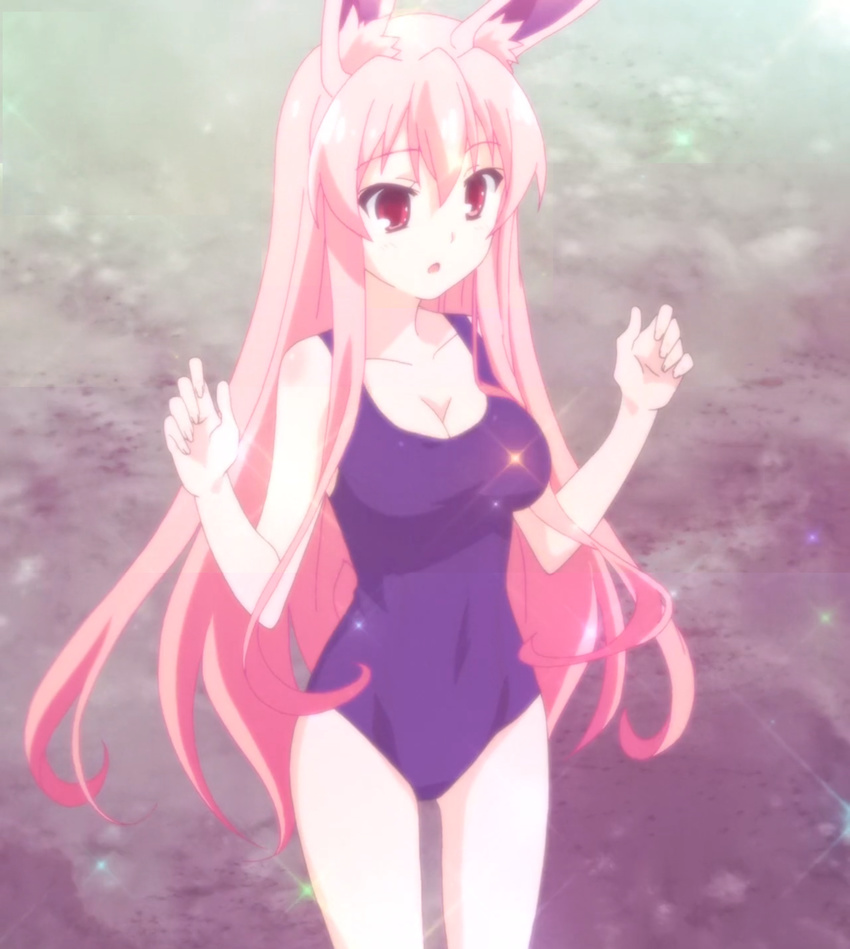 animal_ears breasts bunny_ears desu ga isekai kara kurousagi_(mondaiji) kuru mondaiji-tachi mondaiji-tachi_ga_isekai_kara_kuru_sou_desu_yo? pink_hair red_eyes screencap sou swimsuit yo