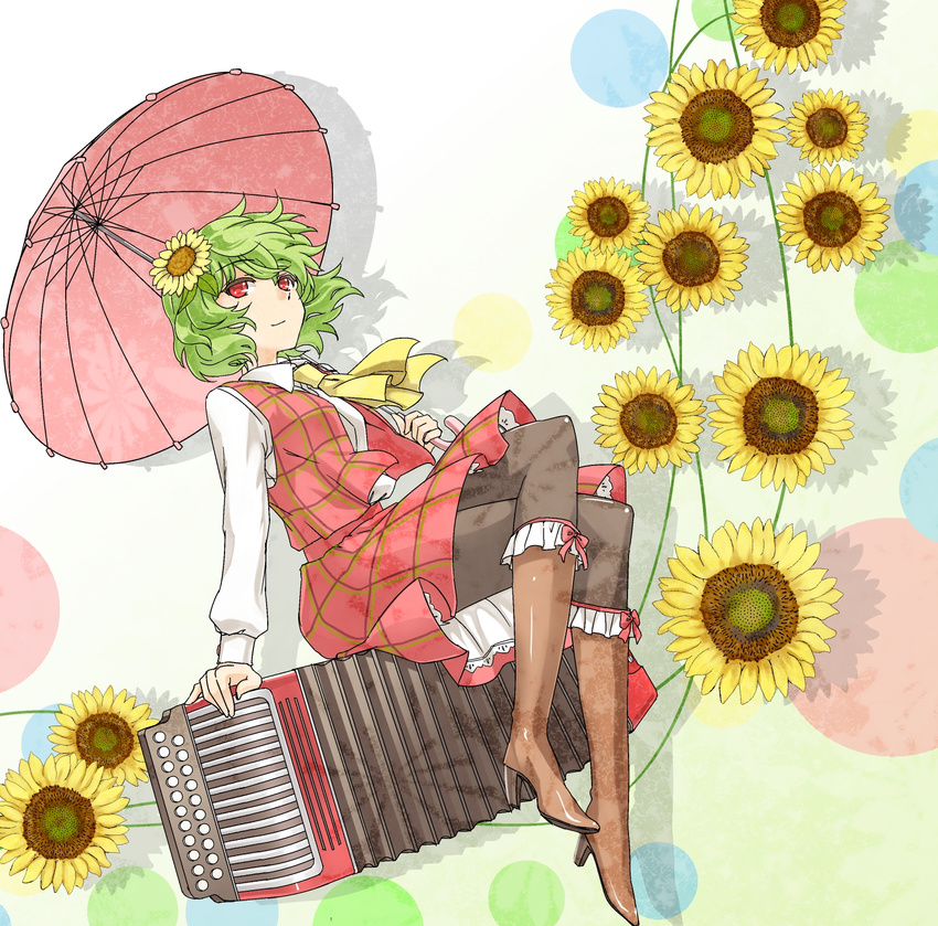 abo_(hechouchou) accordion ascot black_legwear boots crossed_legs flower green_hair hair_flower hair_ornament high_heel_boots high_heels highres instrument kazami_yuuka long_sleeves pantyhose plaid plaid_skirt plaid_vest red_eyes short_hair sitting skirt skirt_set smile solo sunflower touhou umbrella vest