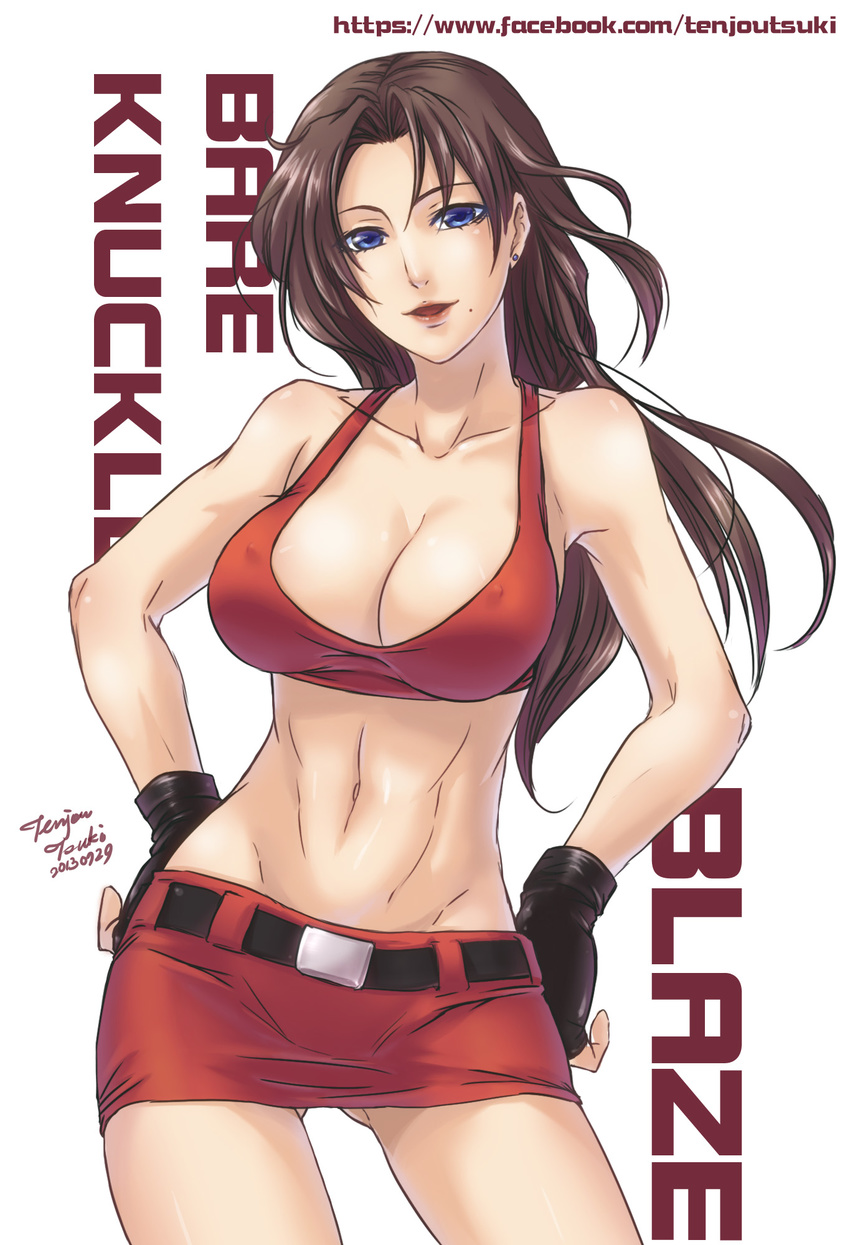 2013 bare_knuckle blaze_fielding breasts brown_hair character_name cleavage copyright_name dated highres large_breasts long_hair midriff mole navel short_skirt smile solo tank_top tenjoutsuki