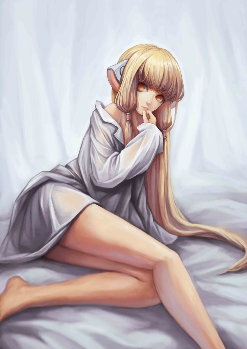 bad_id bad_pixiv_id barefoot blonde_hair chii chobits hair_ornament hand_on_own_face highres legs_together lips long_hair looking_away low_twintails lying nose off_shoulder orange_eyes oversized_clothes robot_ears solo twintails yinanhuanle