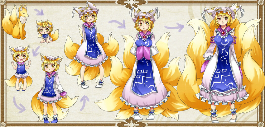 adapted_costume age_progression animal_ears arms_behind_back baby blonde_hair breasts child detail dress fox fox_ears fox_tail frame hands_in_opposite_sleeves hat highres ibaraki_natou kyuubi large_breasts long_sleeves looking_at_viewer multiple_tails multiple_views older open_mouth pillow_hat sleeveless sleeveless_dress smile tabard tail teenage touhou yakumo_ran yakumo_ran_(fox) yellow_eyes