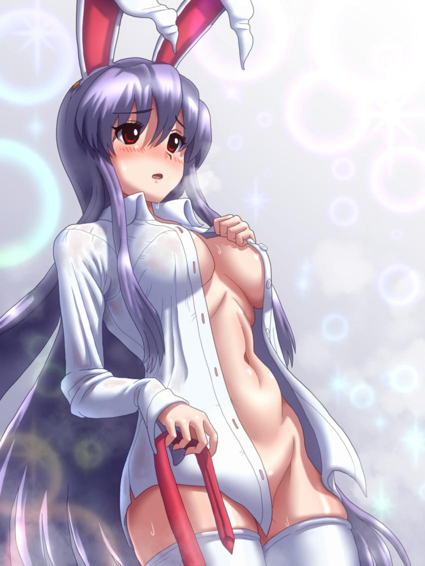 animal_ears blush bottomless breasts bunny_ears dress_shirt highres kezune_(i-_-i) large_breasts long_hair naked_shirt no_bra open_clothes open_shirt purple_hair red_eyes reisen_udongein_inaba shirt solo thighhighs touhou very_long_hair white_legwear