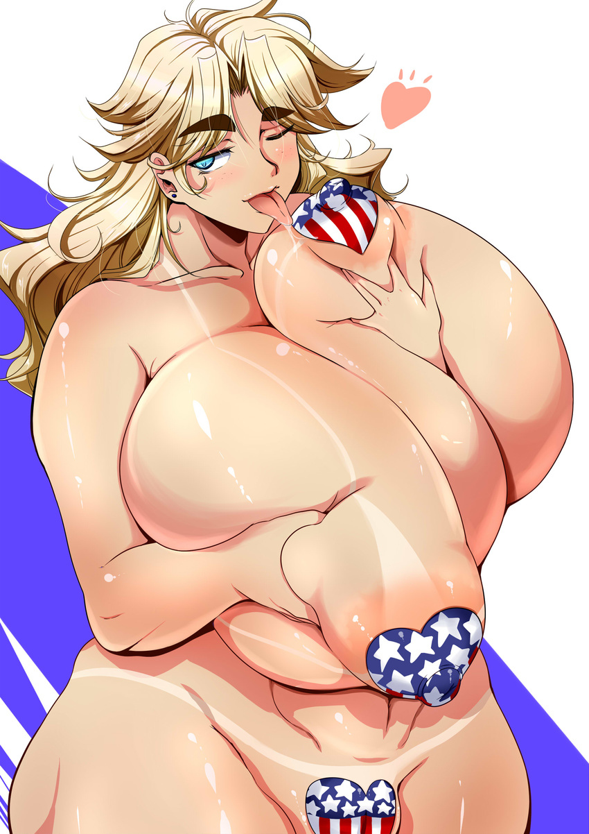 1girl absurdres america american_flag areolae blonde_hair blue_eyes blush breast_hold breast_lift breasts collarbone deep_skin erect_nipples eyebrows female gigantic_breasts green_eyes hanging_breasts heart highres hikkin_(pixiv) hips midriff mound_of_venus navel original pasties saliva shiny shiny_skin solo tan tanline thick_eyebrows tongue tongue_out wide_hips wink