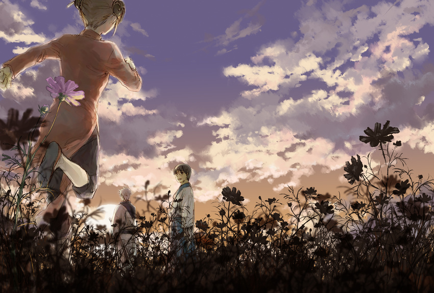 2boys acaco black_hair brown_hair china_dress chinese_clothes cloud cosmos_(flower) double_bun dress field flower flower_field gintama japanese_clothes kagura_(gintama) kimono multiple_boys sakata_gintoki scenery shimura_shinpachi short_hair silver_hair sky white_hair