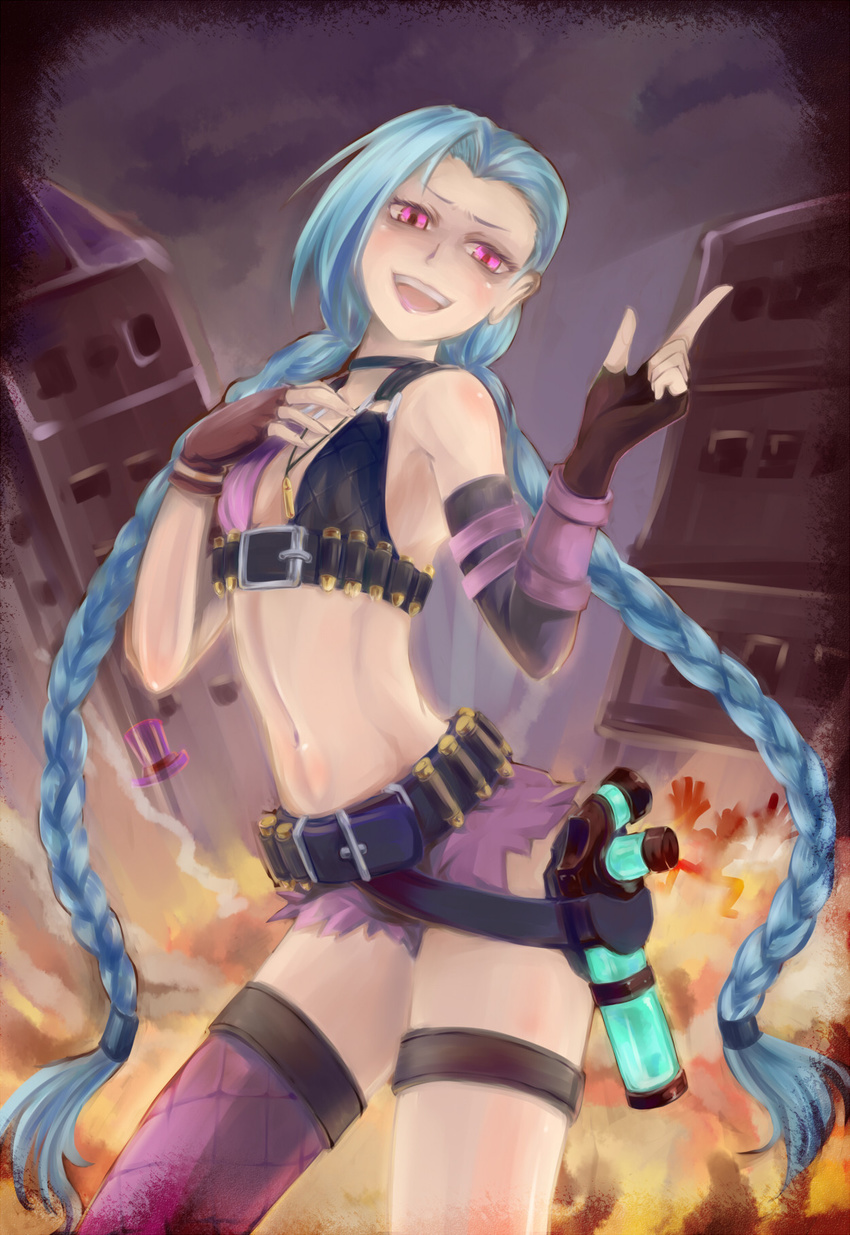 belt blue_hair braid fingerless_gloves gloves gun highres jinx_(league_of_legends) league_of_legends mismatched_legwear multiple_belts nam_(valckiry) pink_eyes skirt solo twin_braids weapon