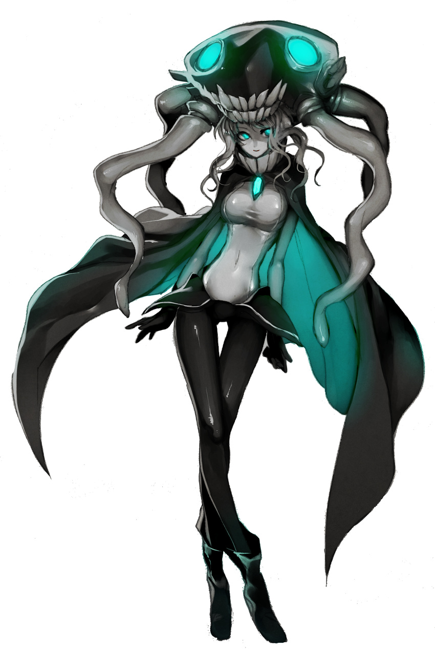 absurdres aqua_eyes black_gloves bodysuit breasts cape covered_navel crossed_legs gem gloves glowing glowing_eyes grey_skin headgear highres kantai_collection large_breasts monster pantyhose shinkaisei-kan simple_background solo standing taut_clothes tentacles thigh_gap wadani_hitonori watson_cross wo-class_aircraft_carrier