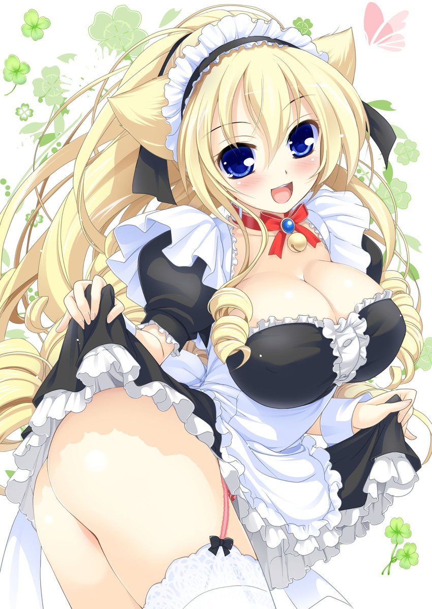 :d absurdres animal_ears bell bell_collar blonde_hair blue_eyes breasts cat_ears cleavage collar dress dress_lift garter_straps highres large_breasts long_hair maid maid_headdress no_panties open_mouth original smile solo thighhighs very_long_hair watsuki_ayamo white_legwear