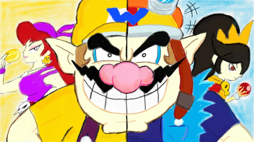 1boy 2girls ashley_(warioware) bangs black_hair blue_eyes breasts brown_hair captain_syrup earrings eyeshadow fat fat_man grin hat helmet jewelry looking_at_viewer makeup mario_(series) multiple_girls nintendo pirate red_eyes red_hair skull smile staff super_mario_land_2 teeth wario wario_land warioware witch