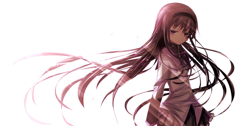 akemi_homura backlighting black_hair downcast_eyes hairband highres kiriya_black long_hair magical_girl mahou_shoujo_madoka_magica petals purple_eyes skirt solo very_long_hair white_background wind wind_lift