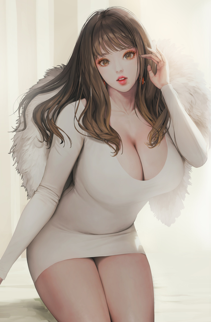 1girl absurdres breasts brown_eyes brown_hair cleavage curvy earrings highres jewelry large_breasts long_hair looking_at_viewer nightmadness original parted_lips solo thighs