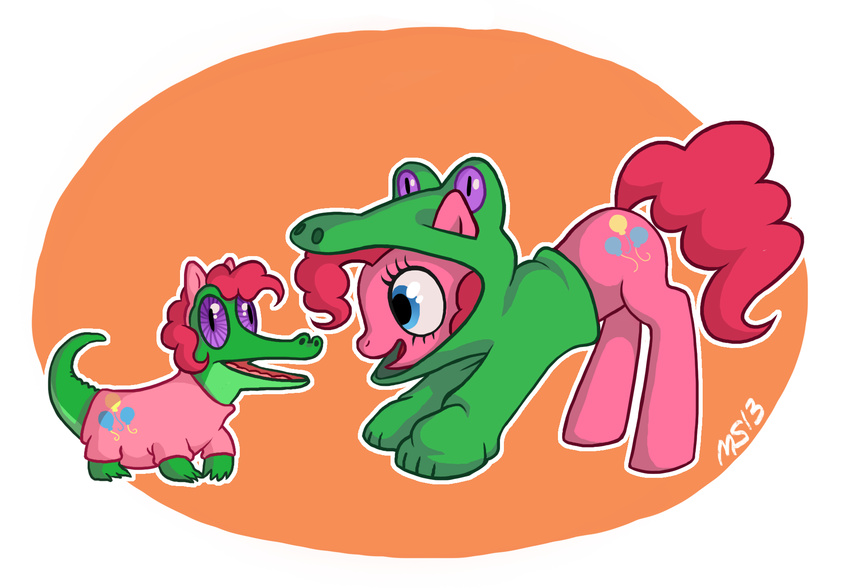 alligator blue_eyes costume cutie_mark equine female feral friendship_is_magic fur gummy_(mlp) hair horse kittenkraze long_hair male mammal my_little_pony open_mouth pink_fur pink_hair pinkie_pie_(mlp) pony purple_eyes reptile scalie smile tongue