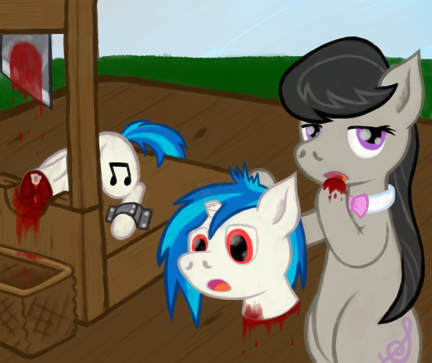 blood blue_hair bow_tie cutie_mark death decapitation equine female feral friendship_is_magic fur gore grey_fur grotesque_death guillotine hair horn horse long_hair looking_at_viewer mammal my_little_pony octavia_(mlp) open_mouth pony purple_eyes red_eyes severed_head tongue two_tone_hair unicorn vinyl_scratch_(mlp) vodkaroo white_fur