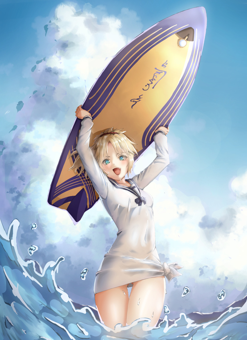 1girl 7aehyun :d absurdres arms_up ass_visible_through_thighs blonde_hair blue_eyes breasts cloud cloudy_sky covered_navel cowboy_shot day excaliboard fang fate/grand_order fate_(series) highres holding_surfboard long_sleeves mordred_(fate)_(all) mordred_(swimsuit_rider)_(fate) naked_shirt no_pants ocean open_mouth outdoors sailor_collar sailor_shirt shirt sky small_breasts smile solo surfboard surfing tied_shirt water wet wet_clothes wet_shirt