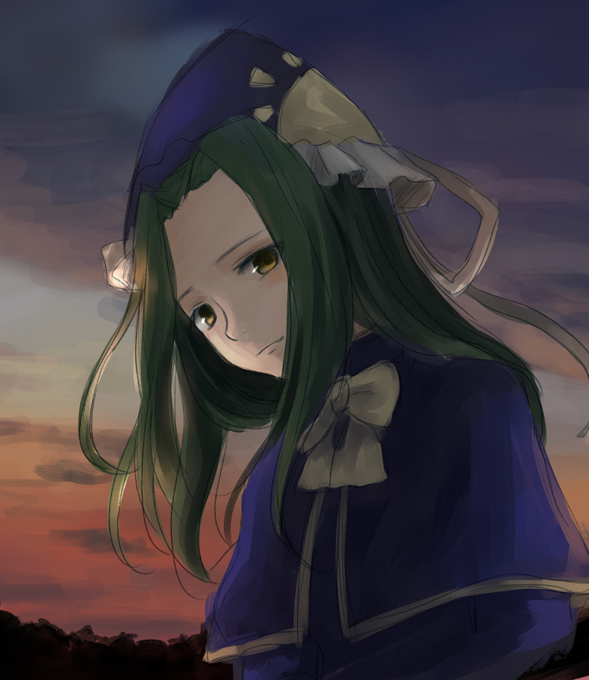 cape cloud dusk green_hair hat highres light_smile long_hair looking_at_viewer mima ribbon sketch sky solo sunset tamae_(pixiv40276) touhou touhou_(pc-98) wizard_hat yellow_eyes