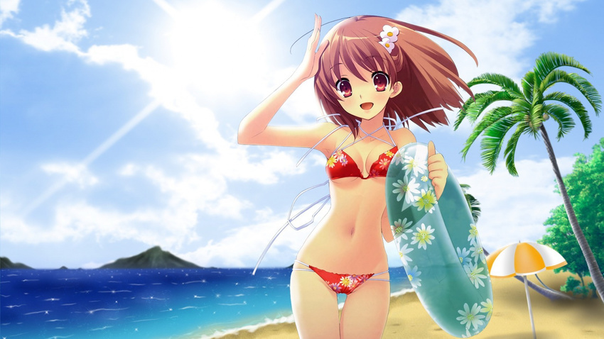 artist_request beach blue_sky blush breasts brown_hair cleavage cloud day floral_print flower flyable_heart hair_flower hair_ornament highres inaba_yui innertube island medium_breasts mountain navel ocean open_mouth outdoors palm_tree parasol red_eyes sand sky smile solo sun sunlight swimsuit thigh_gap tree umbrella water