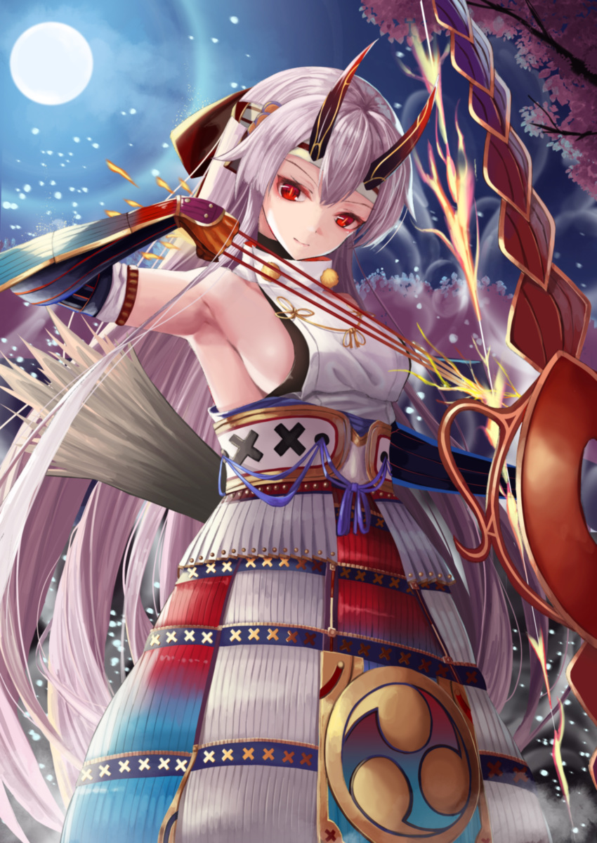1girl absurdres armor armpits arrow bow bow_(weapon) breasts commentary_request fate/grand_order fate_(series) full_moon gloves hair_bow headband highres horns japanese_armor japanese_clothes kote kusazuri large_breasts long_hair looking_at_viewer looking_down moon nekobell night night_sky oni_horns red_bow red_eyes sideboob silver_hair sky sleeveless sleeveless_turtleneck slit_pupils solo tomoe_gozen_(fate/grand_order) tree turtleneck very_long_hair weapon