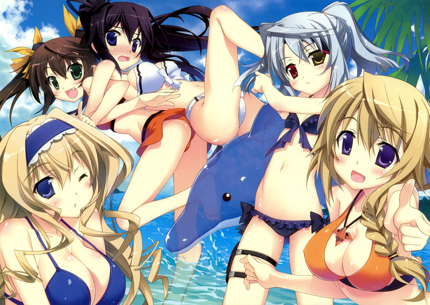 absurdres back-to-back beach bikini bikini_skirt black_hair blonde_hair blue_eyes blush breasts brown_hair cecilia_alcott charlotte_dunois cleavage dolphin eyepatch eyepatch_lift fang finger_gun flat_chest frilled_bikini frills front-tie_top fujima_takuya green_eyes heterochromia highres huang_lingyin huge_filesize infinite_stratos inflatable_toy jewelry large_breasts laura_bodewig legs lifting long_hair long_legs multiple_girls navel no_eyepatch ocean one_eye_closed open_mouth pendant ponytail purple_eyes red_eyes scan scan_artifacts shinonono_houki shiny shiny_skin side-tie_bikini silver_hair smile strap_gap swimsuit thighs twintails very_long_hair water wince yellow_eyes