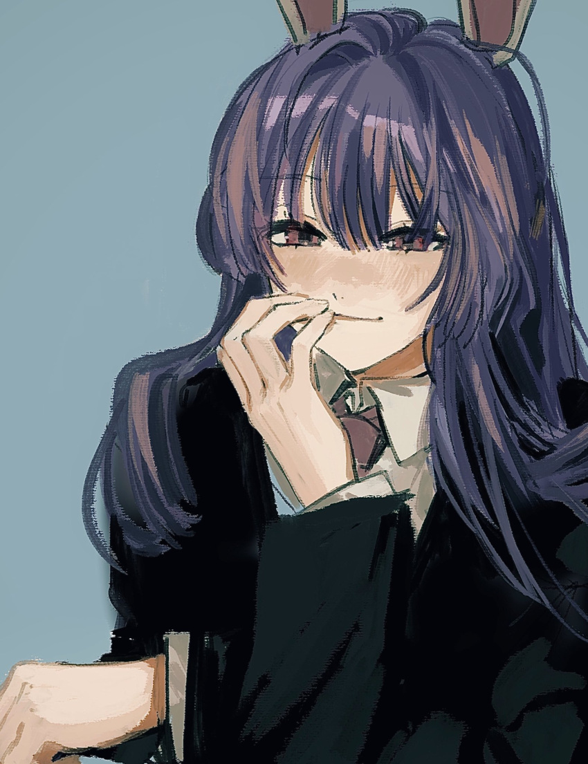 1girl animal_ears bangs blue_background blush closed_mouth collared_shirt eyebrows_visible_through_hair gotagotay grey_background hair_between_eyes half-closed_eyes hand_to_own_mouth hand_up highres jacket light_smile long_hair looking_at_viewer purple_hair rabbit_ears reisen_udongein_inaba shirt simple_background solo touhou upper_body white_shirt