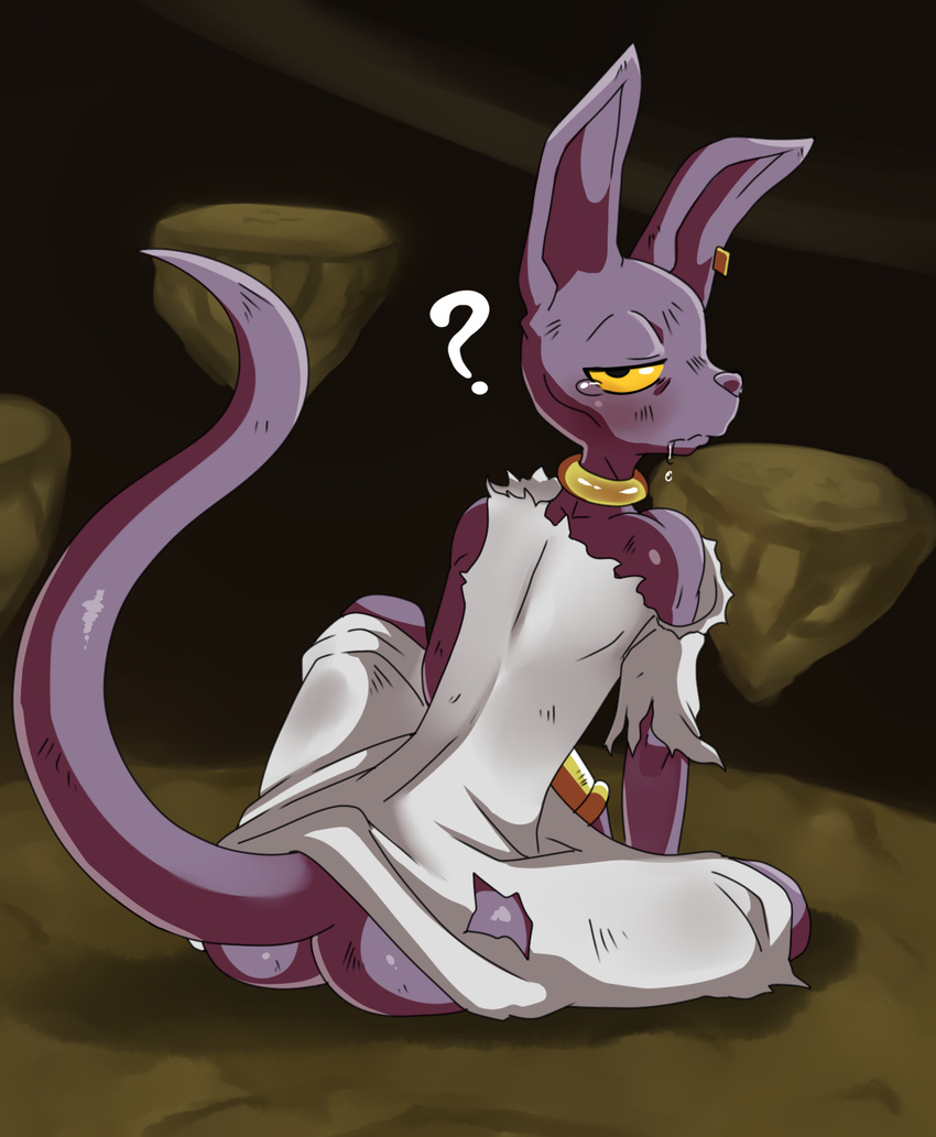 ? anthro beerus bills butt cat clothing dragon_ball dragon_ball_z drooling ear_piercing feline looking_at_viewer looking_back male mammal piercing saliva sitting solo sssonic2 tired torn_clothing yellow_eyes