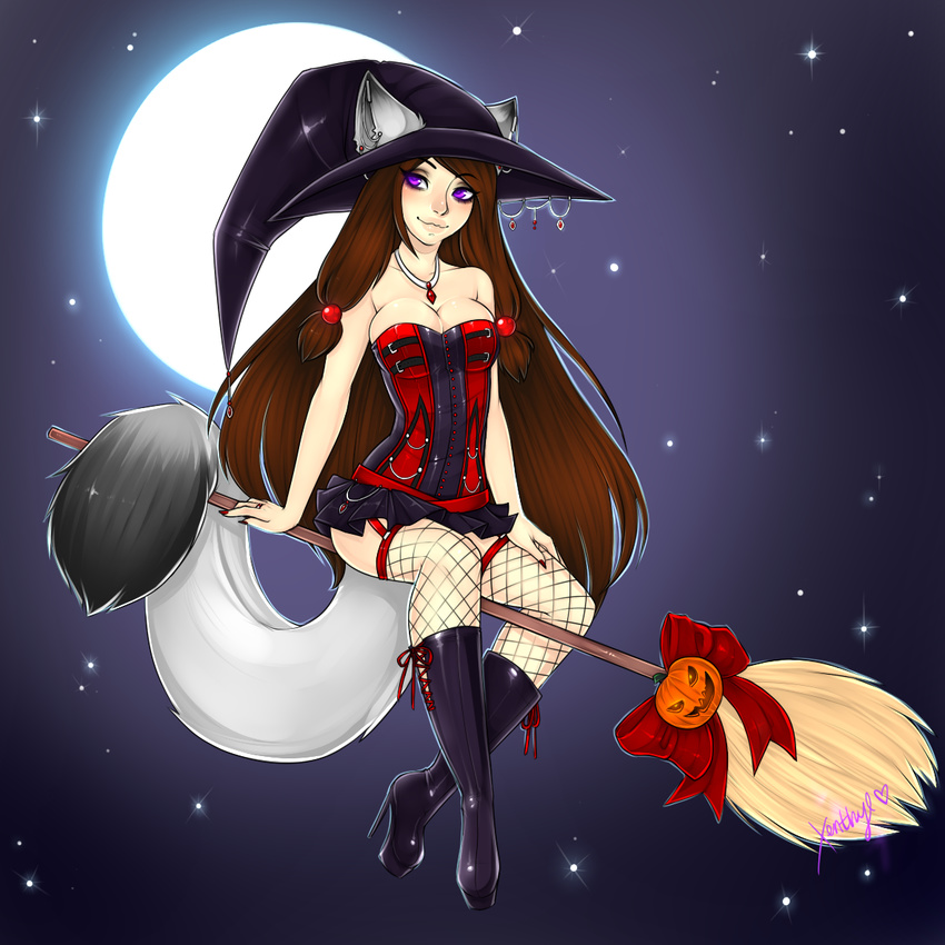 boots bow breasts broom brown_hair cat cat_ears catgirl clothed clothing feline female fishnet flying hair halloween hat holidays human jack_o'_lantern jack_o'_lantern jewelry legwear long_hair magic_user mammal moon night piercing pumpkin purple_eyes ring skimpy sky smile solo stars stockings witch witch_hat xenthyl