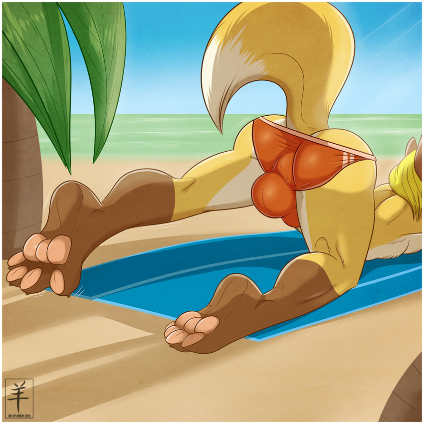 aaron_(artist) anthro barefoot beach bent_over bulge butt butt_shot canine faceless_male fox jcfox male mammal presenting presenting_hindquarters seaside solo