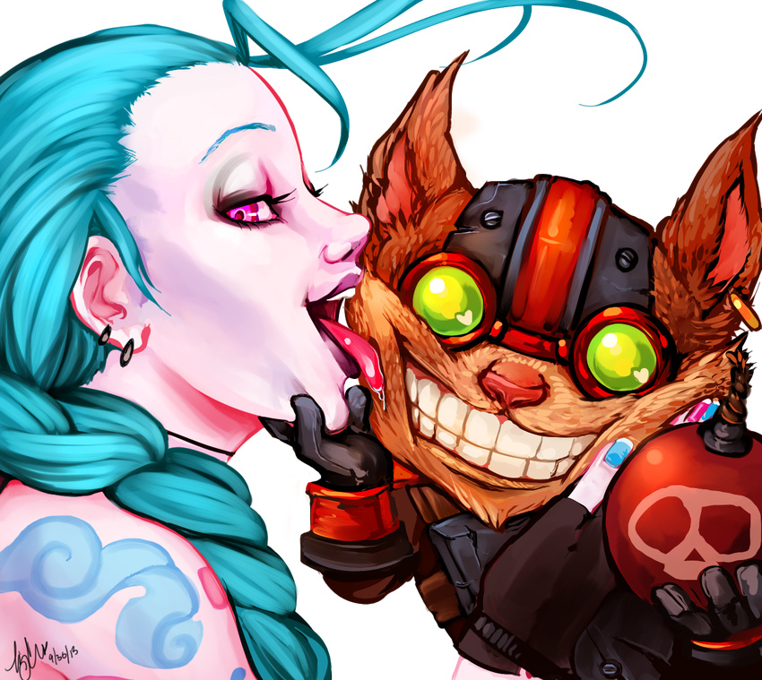 &lt;3 alpha_channel anthro bomb canine female fox grin half-closed_eyes human human_on_anthro interspecies jinx(league_of_legends) jinx_(league_of_legends) league_of_legends licking looking_at_viewer male mammal momo-deary pale_skin pink_eyes saliva suggestive tattoo tongue tongue_out ziggs