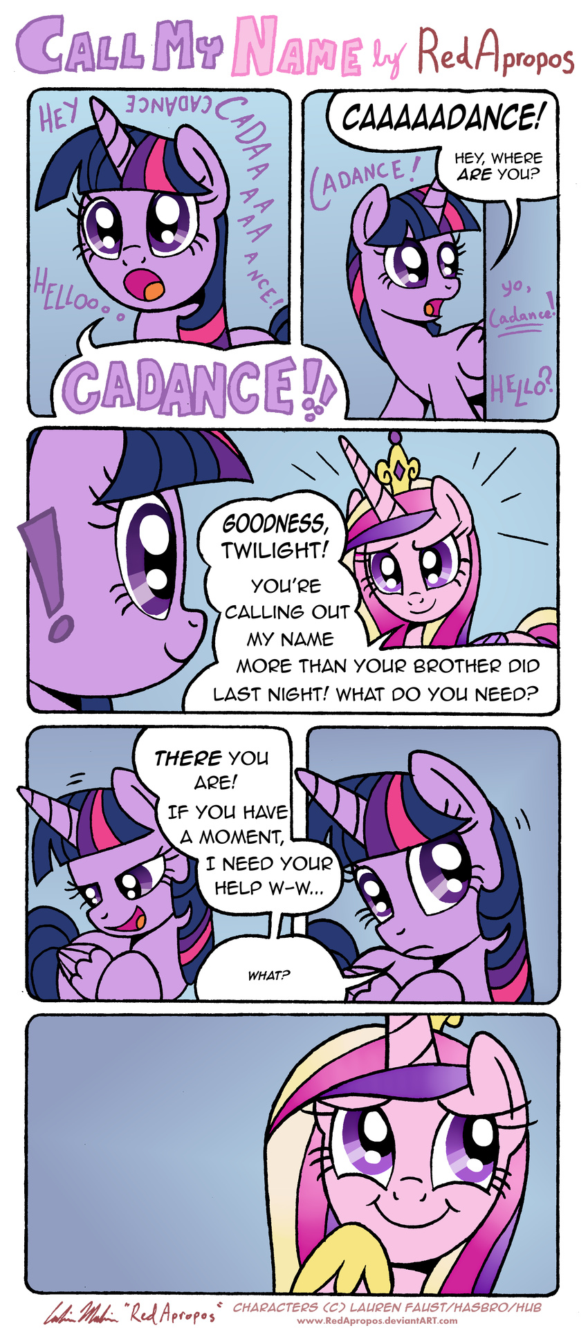 2013 comic crown dialog duo english_text equine female feral friendship_is_magic gold hair horn horse mammal multi-colored_hair my_little_pony pony princess_cadance_(mlp) purple_eyes purple_hair redapropos suggestive text twilight_sparkle_(mlp) winged_unicorn wings