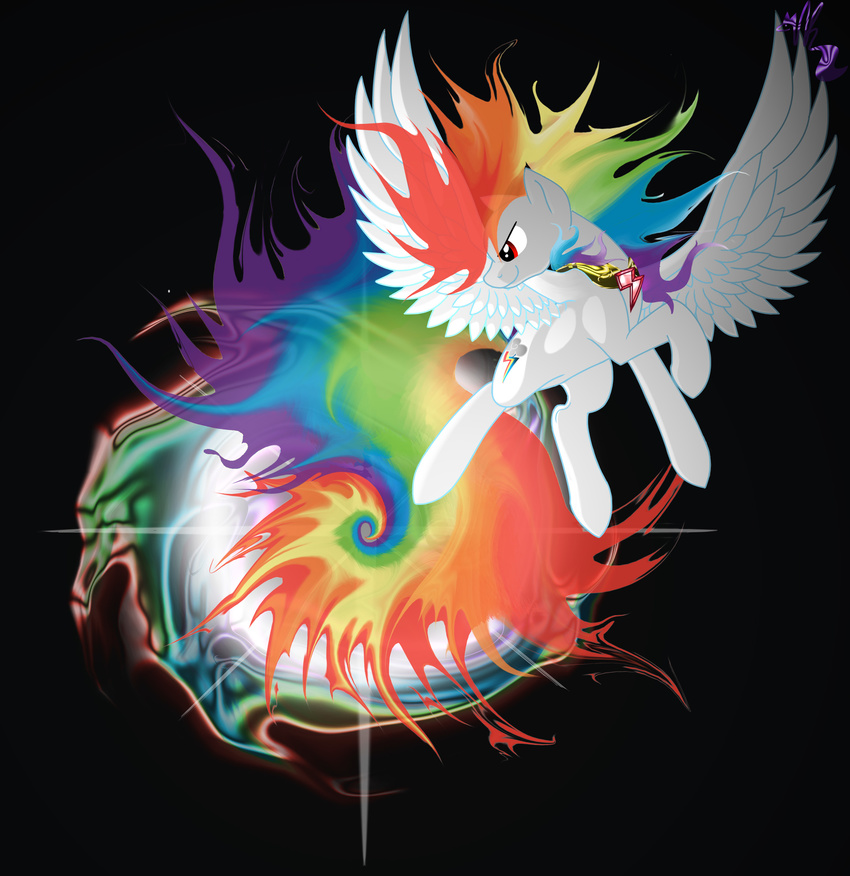 cutie_mark element_of_loyalty elements_of_harmony equine feathers female feral flaming flying friendship_is_magic fur glowing hair hooves horse looking_back mammal mane miz-jynx multi-colored_hair my_little_pony pegasus plain_background pony rainbow rainbow_dash_(mlp) rainbow_hair rainbow_tail red_eyes sonic_rainboom spread_wings super_rainbow_dash white_fur wings