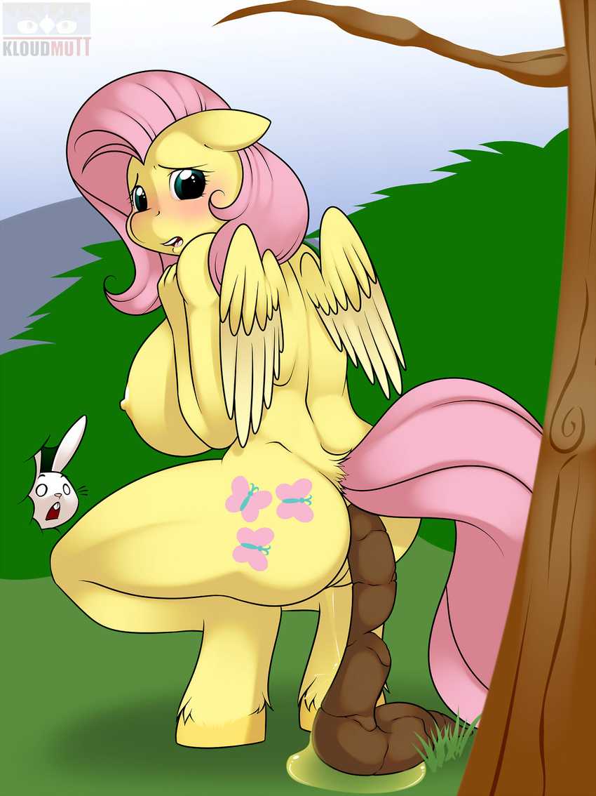 angel_(mlp) anthro anthrofied blush breasts cutie_mark duo equine f&aelig;ces feces female fetlocks fluttershy_(mlp) friendship_is_magic fur hair horse kloudmutt lagomorph lol_comments mammal my_little_pony outside peeing pegasus pink_hair pony rabbit scat tree urine wings yellow_fur