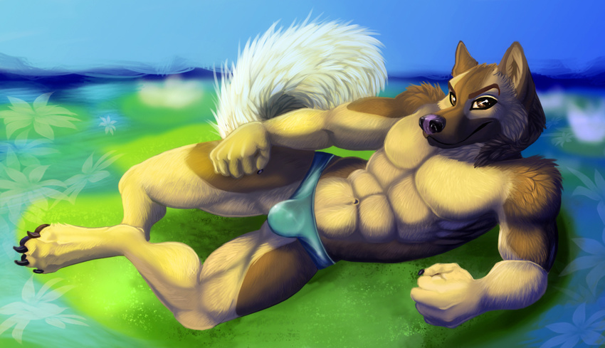 abs anthro barefoot biceps black_nose brown_eyes brown_fur bulge canine claws dog fist fur german_shepherd grin kitara_(artist) looking_at_viewer lying male mammal muscles nature no_nipples on_side pawpads paws pecs pose smile solo speedo swimsuit tan_fur toe_claws toned tongue tongue_out topless