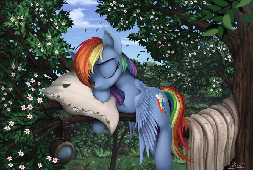 blanket bush cloud cutie_mark equine eyes_closed eyewear female feral friendship_is_magic goggles grass hair horse mammal multi-colored_hair my_little_pony outside pegasus pillow pony rainbow_dash_(mlp) rainbow_hair sky sleeping solo tree wings yakovlev-vad