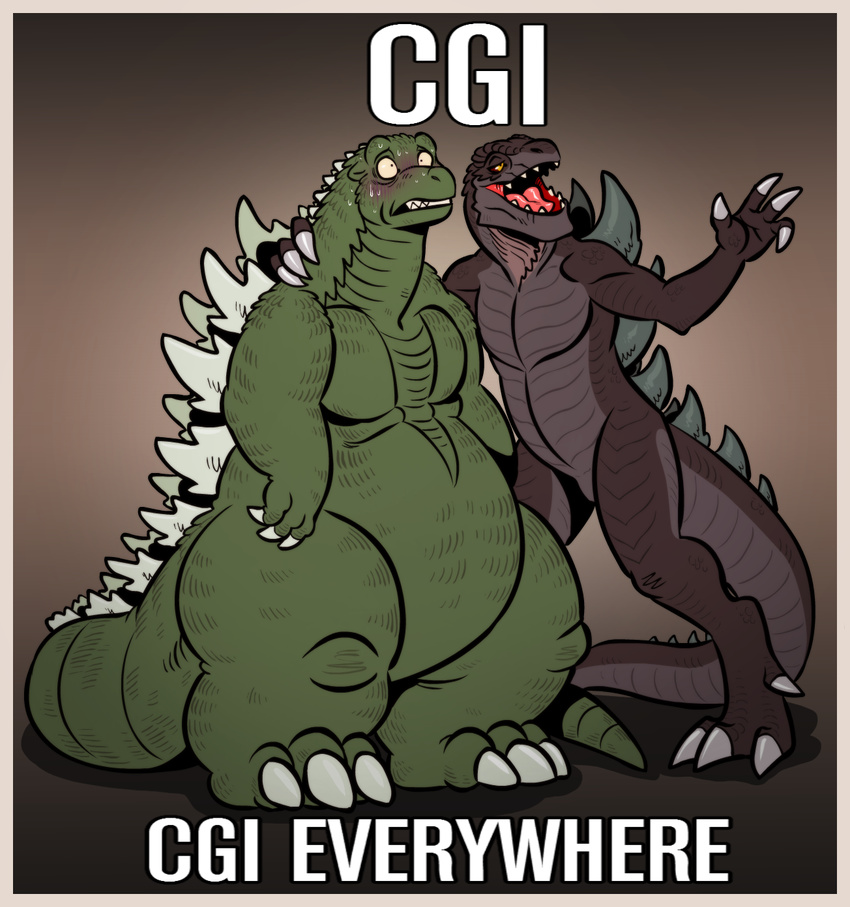 3_toes anthrofied blush brown_scales chubby claws duo english_text featureless_crotch feral godzilla godzilla_(series) green_scales humor image_macro kaiju male neodokuro overweight plain_background reptile scalie spines standing teeth text thick_tail zilla