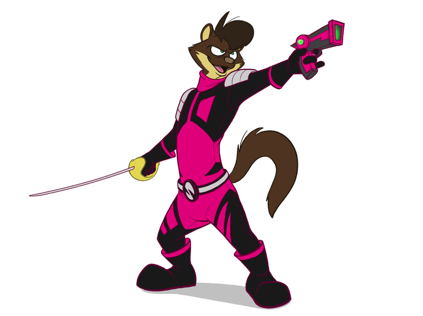 brown_nose demoweasel fur green_eyes gun male mammal mustelid ranged_weapon solo spandex sword weapon weasel