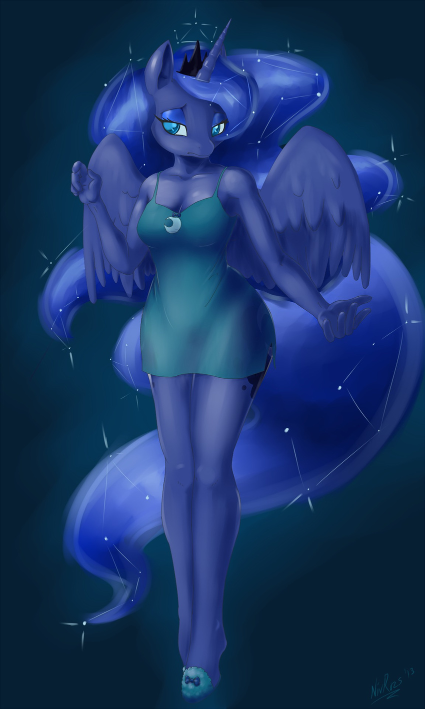 anthro anthrofied blue_hair constellation crown cutie_mark dress equine female friendship_is_magic hair horn horse long_hair mammal my_little_pony nivrozs pony princess princess_luna_(mlp) royalty solo teal_eyes winged_unicorn wings