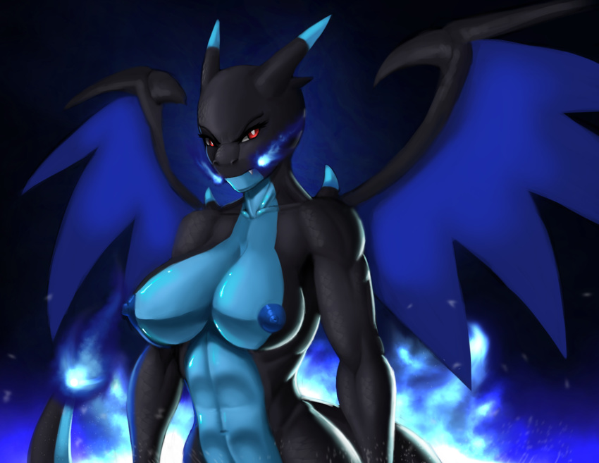 abs anthro areola big_breasts black_skin blue_fire blue_nipples blue_skin breasts bust charizard darkness dclzexon dragon fangs female fire front glowing hairless horn looking_at_viewer mega_charizard mega_charizard_x mega_evolution muscles muscular_female navel nintendo nipples nude pok&#233;mon pok&#233;morph pok&eacute;mon red_eyes shiny solo spread_wings standing two_tone_skin video_games wings