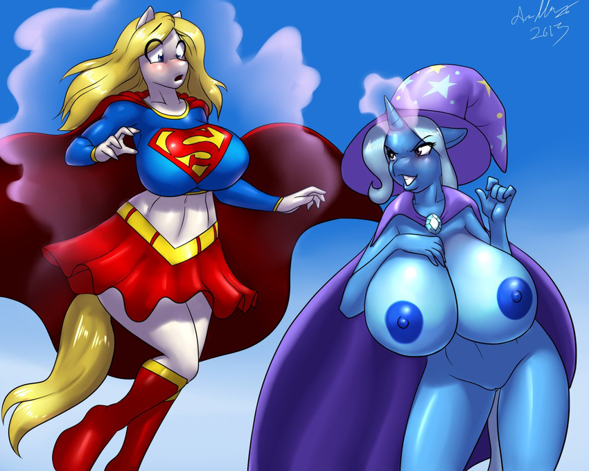 anthro anthrofied belt big_breasts blonde_hair blue_nipples blush boots breasts cape duo equine female friendship_is_magic hair hat horn horse magic mammal mane marauder6272 my_little_pony navel nipples nude pony pussy smile supergirl superhero trixie_(mlp) unicorn