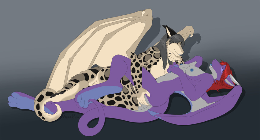 accelo black_hair breasts butt butt_grab draekos_(character) dragon duo eyes_closed feline female fur gradient_background grey_fur hair hindpaw horn hybrid kalmia kalmia_(character) leopard lesbian lying mammal nipples nude on_back paws purple_body purple_dragon red_hair scalie spots wings