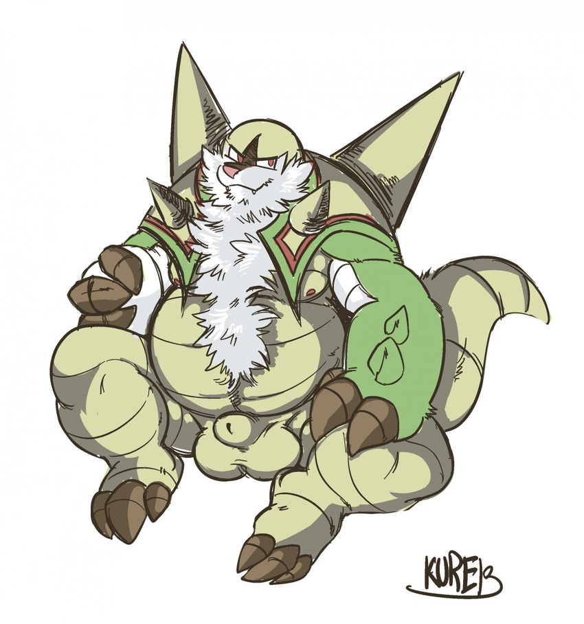 beard body_hair cappuccino chesnaught chest_hair chubby facial_hair fangs hairy male nintendo overweight penis plain_background pok&#233;mon pok&eacute;mon red_eyes sitting solo spikes video_games white_background