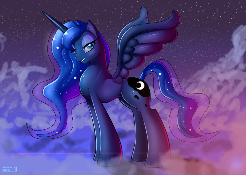 blue_eyes blue_hair cloud cutie_mark equine eyes_half-closed eyeshadow female feral friendship_is_magic hair hi_res horn horse looking_at_viewer makeup mammal my_little_pony night outside pony princess_luna_(mlp) skyline19 smile solo sparkles standing stars winged_unicorn wings