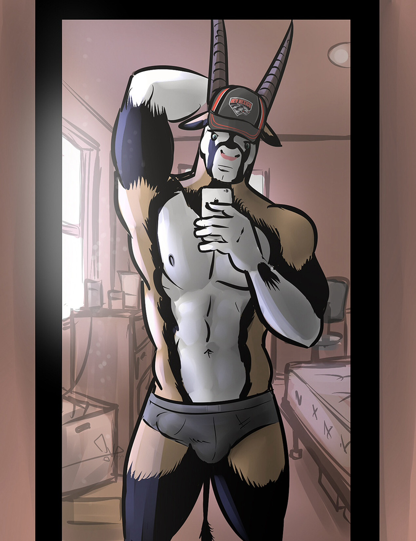 antelope antlers arm_behind_head bgn biceps bovine bulge cellphone hair hat horn iphone jamie_the_oryx male mammal nipples oryx phone room selfie solo underwear vpl