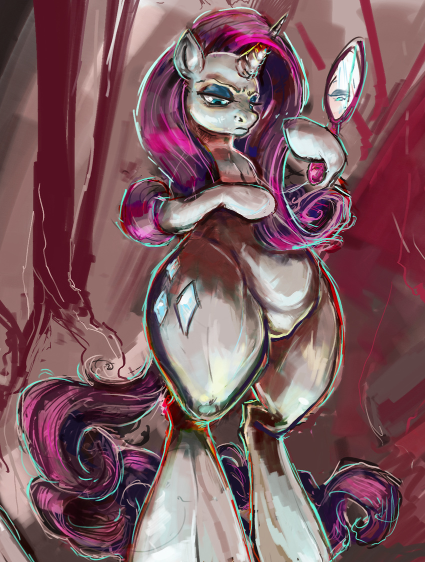 abstract_background blue_eyes cutie_mark equine eyeliner female feral friendship_is_magic frown fur hair horn horse kvernikovskiy long_hair makeup mammal mirror my_little_pony pony purple_hair rarity_(mlp) reflection solo standing unicorn white_fur