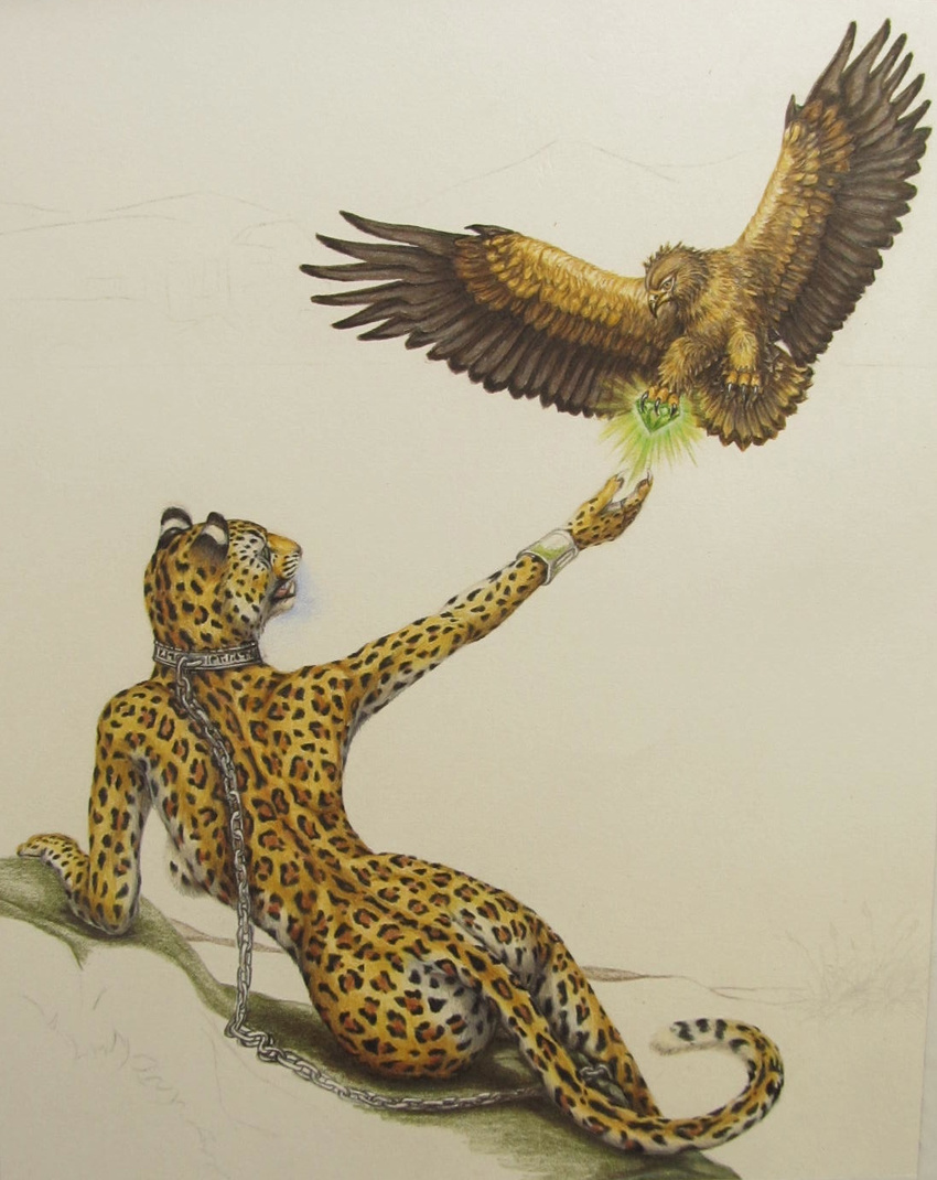 avian breasts butt chain claws collar feline female fur gem green_eyes hawk jaguar leaning leopard mammal nude reaching side_boob spots teiirka unfinished_background yellow_fur
