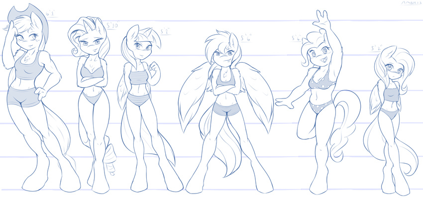 absurd_res ambris anthro anthrofied applejack_(mlp) black_and_white blush bra breasts chest_tuft cleavage clothed clothing cowboy_hat crossed_arms equine female fluttershy_(mlp) freckles friendship_is_magic fur group hair hat height_chart hi_res horn horse mammal monochrome my_little_pony navel panties pegasus pinkie_pie_(mlp) pony rainbow_dash_(mlp) rarity_(mlp) size_chart smile standing tuft twilight_sparkle_(mlp) underwear unicorn wave waving winged_unicorn wings