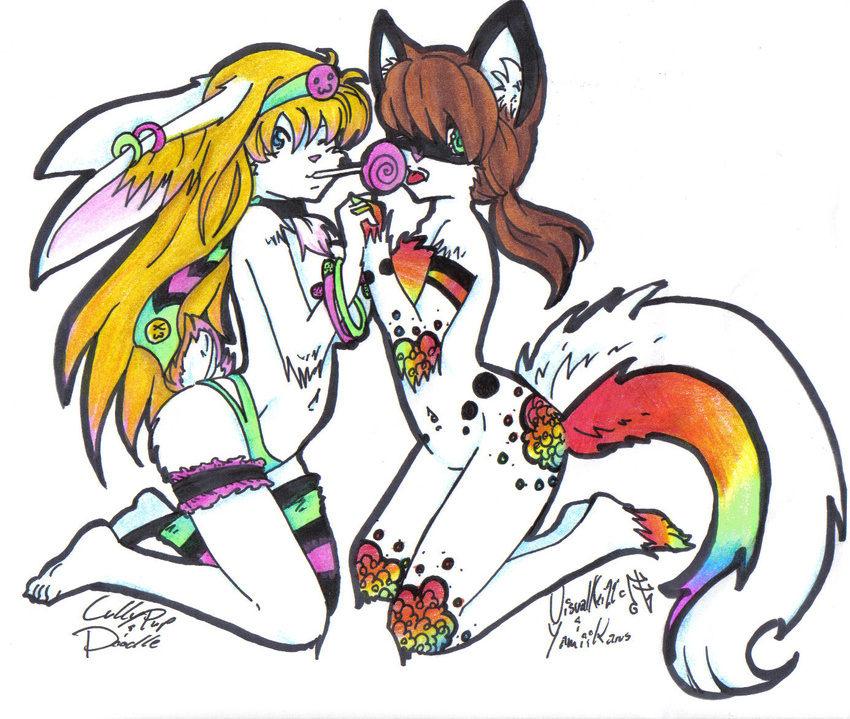 anthro candy cat doodle_(character) duo feline female lagomorph legwear lully_pop mammal nude plain_background rabbit rainbow thigh_highs visualkei22 white_background