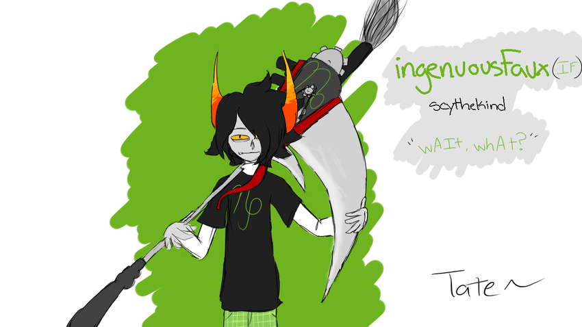fantroll faux_engine gear homestuck horn ingenuousfaux_(character) itate male plain_background scythe solo tate_randall troll white_background