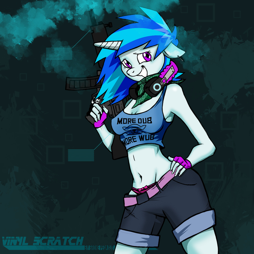 abstract_background anthro anthrofied assault_rifle blue_hair breasts broke-pegasus cleavage clothed clothing equine female fingerless_gloves friendship_is_magic gloves gun hair hand_on_hip headphones horn horse mammal my_little_pony panties piercing pony purple_eyes ranged_weapon rifle scarf shirt shorts shotgun smile solo standing thong two_tone_hair underwear unicorn vinyl_scratch_(mlp) weapon