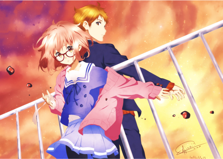 blonde_hair brown_eyes brown_hair glasses kuriyama_mirai kyoukai_no_kanata nase_hiroomi pantyhose seifuku signed sky tagme